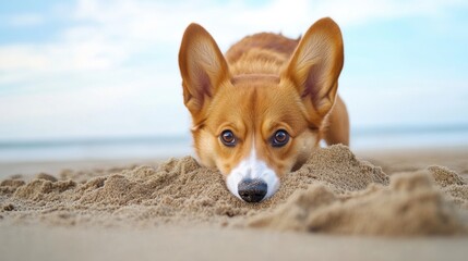 Sticker - A dog laying on top of a pile of sand in the ocean, AI