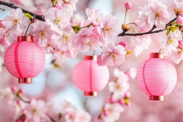 Cherry blossoms pink lanterns in springtime celebration