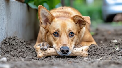 Canvas Print - A dog laying down with a bone in its mouth, AI