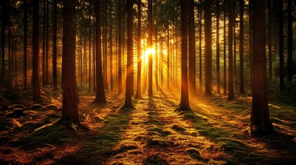 Wall Mural - golden sunlight beams through the trees of a dense forest.