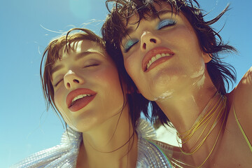 Two women with joyful expressions, heads close together, basking in the sunlight. Fashion portrait with a carefree, summery vibe.