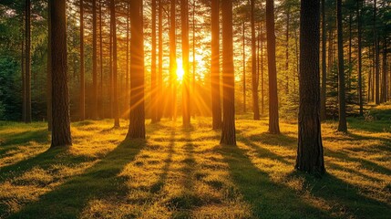 Wall Mural - golden sunlight streams through the trees of a dense forest, illuminating the forest floor.