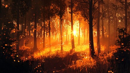 Wall Mural - golden sunset through a dense forest, painting style.