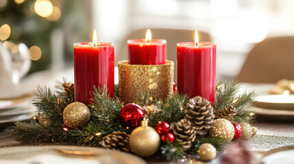 festive centerpiece featuring red candles, pine branches, and golden ornaments creates warm and inviting atmosphere for holiday celebrations