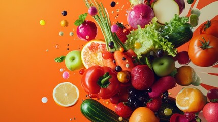 Poster - Fresh Fruits and Vegetables Suspended in Mid-Air on an Orange Background