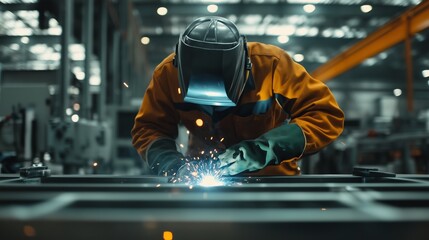 Poster - welder working on a metal frame in a bright manufacturing facility during the day, creating sparks a