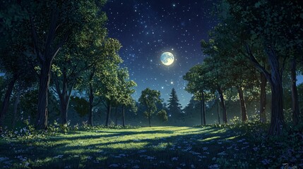 Wall Mural - moonlit forest with a starry sky and green grass.