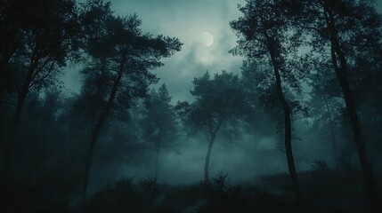 Wall Mural - mysterious foggy forest at night with a full moon.