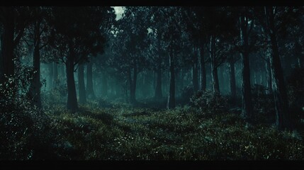 Wall Mural - mysterious dark green forest with fog and tall trees.