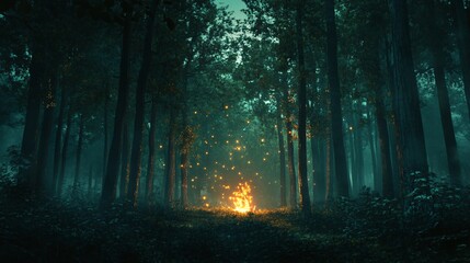 Wall Mural - mystical forest with a bonfire and glowing orbs.