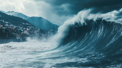 Wall Mural - powerful tsunami wave surges towards shore, showcasing immense force of nature against dramatic back