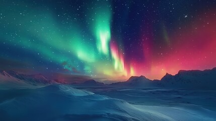 Northern Lights Over a Snowy Landscape: Illustrate the Northern Lights illuminating a vast snowy landscape, with shades of green, pink, and purple dancing in the night sky