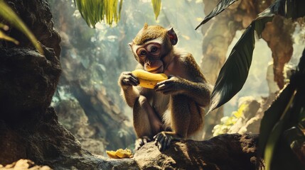 Perched on a rock, a monkey delicately peels a banana with precise movements.