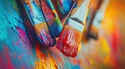 Wall Mural - picture a close-up of paintbrushes dipped in various colors of paint.