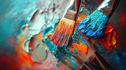 Wall Mural - picture a close-up of paintbrushes dipped in various colors of paint.