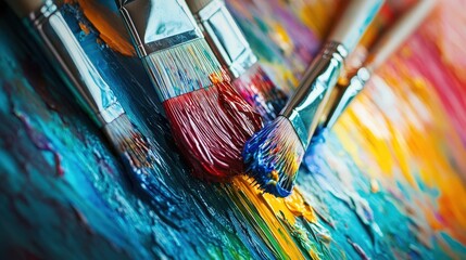 Wall Mural - picture a close-up of paintbrushes dipped in various colors of paint.