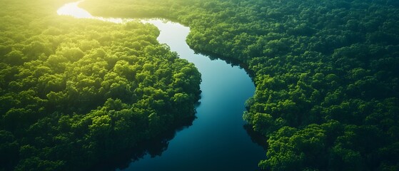 Aerial photography of a summer landscape with a quiet river surrounded by lush green trees, with clear sky reflecting on the water surface. Suitable for advertising for a eco-tourism campaign. 