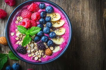 Healthy Smoothie Bowl with Fruits, Berries and Nuts, satisfying breakfast