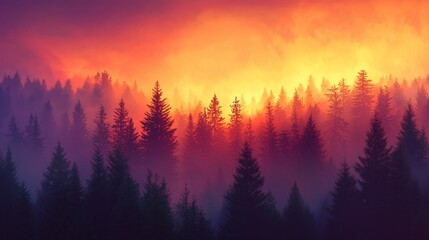 Wall Mural - silhouetted pine trees stand tall against a vibrant orange and purple sunset.