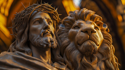 Jesus Christ with the Crown of Thorns and the Lion of the Tribe of Judah, looking upward in a three-dimensional sculpture, capturing the spiritual and majestic essence of the figures