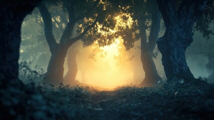 Wall Mural - Picture a misty forest at dawn, where fog weaves through ancient trees.