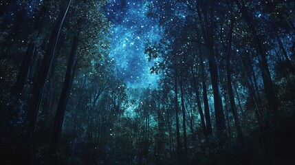 Wall Mural - silhouettes of tall trees against a night sky with a starry backdrop, creating a magical and enchant