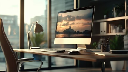 Poster - Picture a modern office with a computer featuring a large, high-resolution monitor.