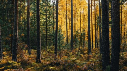 Sticker - Picture a pine forest in early autumn, with the leaves starting to change color.