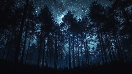 Wall Mural - silhouettes of tall trees in a forest under a starry night sky.