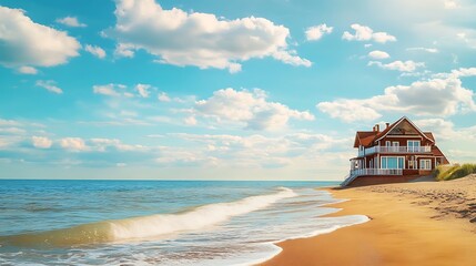 A red house on a sandy beach with blue sky and white clouds.