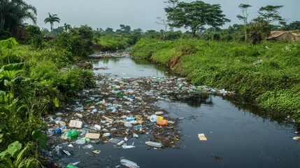 Wall Mural - Picture a river with a visible layer of plastic waste and discarded items on its surface.