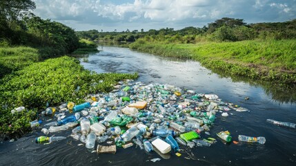 Wall Mural - Picture a river with a visible layer of plastic waste and discarded items on its surface.