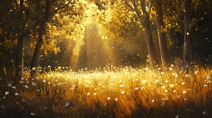 Wall Mural - sun beams through the trees in a forest clearing, illuminating a field of white wildflowers.