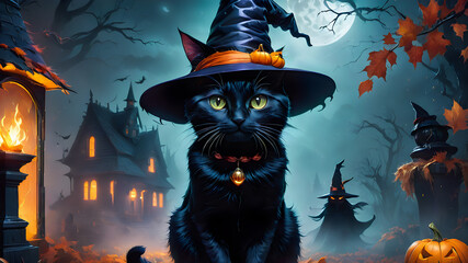 black cat in halloween hat on night background	