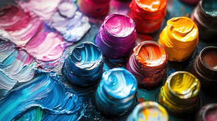 Wall Mural - picture a set of colorful acrylic paints arranged in neat rows.