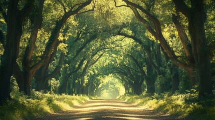 Wall Mural - sun rays illuminate a path through an archway of trees in a forest.
