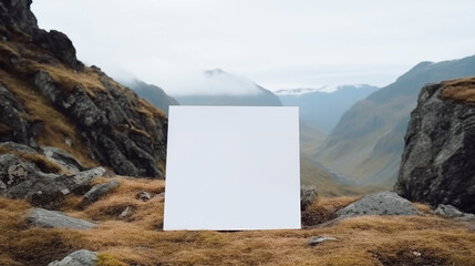 Blank white card mockup stands against breathtaking mountain valley. Rocky cliffs and dry grass template advertising image. Distant misty wilderness peaceful mock up photorealistic