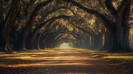 Wall Mural - sun shining through a canopy of trees along a path.