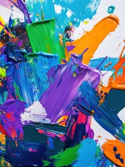 Poster - Bright splashes of color are arranged on a palette, while paintbrushes are set on a canvas featuring dynamic abstract brushstrokes. Generative AI