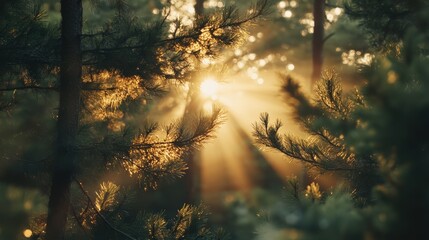 Sticker - Picture a sun-drenched pine forest with beams of light filtering through the branches.