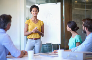 Poster - Woman, speech and presentation meeting in office with whiteboard, startup planning and ideas for business. Smile, people and training with financial growth, sale solution and feedback report of pitch