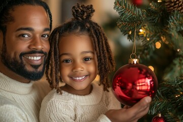 Portrait of a father and daughter decorating a Christmas tree. Christmas concept. Happy family decorating christmas tree