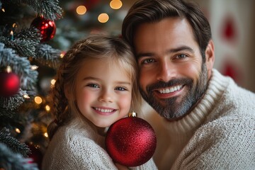 Portrait of a father and daughter decorating a Christmas tree. Christmas concept. Happy family decorating christmas tree