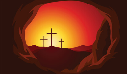 Three crosses on a hill, illuminated by orange-red sunset, seen from a cave, Christian holiday symbol.