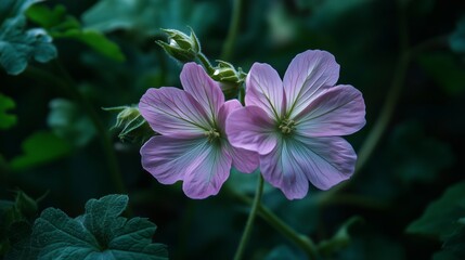 Poster - Delicate pink flowers bloom amidst lush green foliage in a tranquil garden setting during the spring season