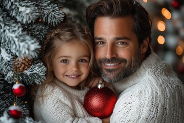 Portrait of a father and daughter decorating a Christmas tree. Christmas concept. Happy family decorating christmas tree