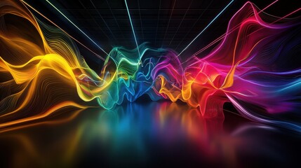 Wall Mural - A vibrant, abstract digital background featuring flowing waves of color in a symmetrical, illuminated space.