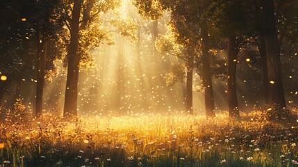 Wall Mural - sunbeams illuminate a clearing in a forest with golden leaves falling on a field of white flowers.