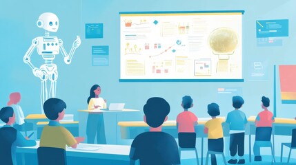 Poster - A classroom where AI analyzes and provides feedback on student progress in real-time.