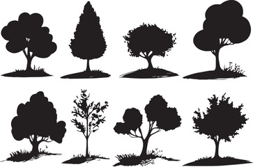 Silhouette tree set. Side view, set of graphic trees elements outline symbol for architecture and landscape design drawing. Hand drawn vector illustration